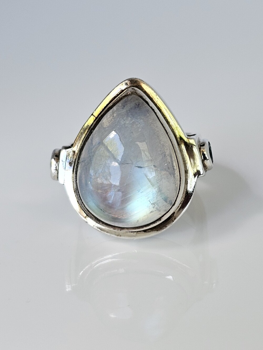 Vintage Artisan Aurora Moonstone & Blue Topaz Sterling Silver Ring! Size 8!